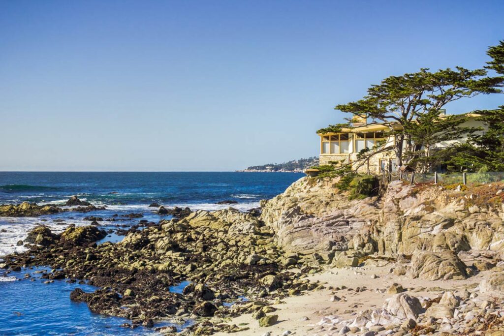 Monterey's beautiful coastline and close-up of trapped sand particles in carpets