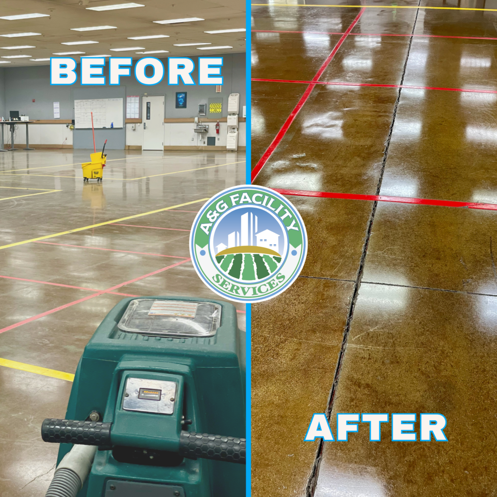 Transformation from worn-out floor to rejuvenated space through strip and wax flooring services.