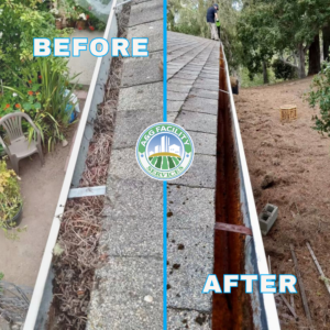 Left: Overfilled gutter with stagnant water. Right: Pristine, well-maintained gutter.