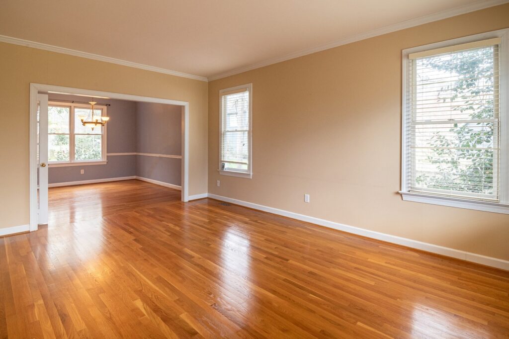 Lustrous wood floor post “strip and wax” treatment