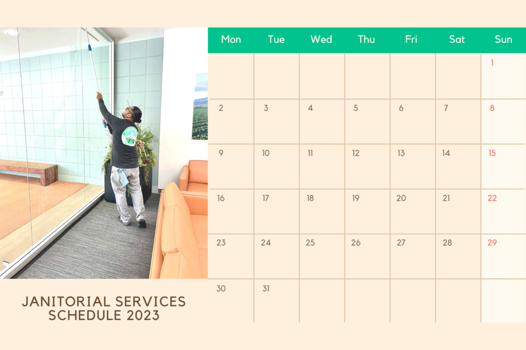 Calendar showcasing a detailed janitorial services description with scheduled tasks