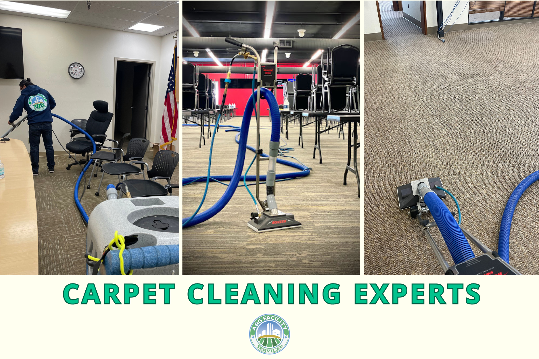 Collage showcasing A & G Facility Services' steam carpet cleaning and pet stain removal techniques.