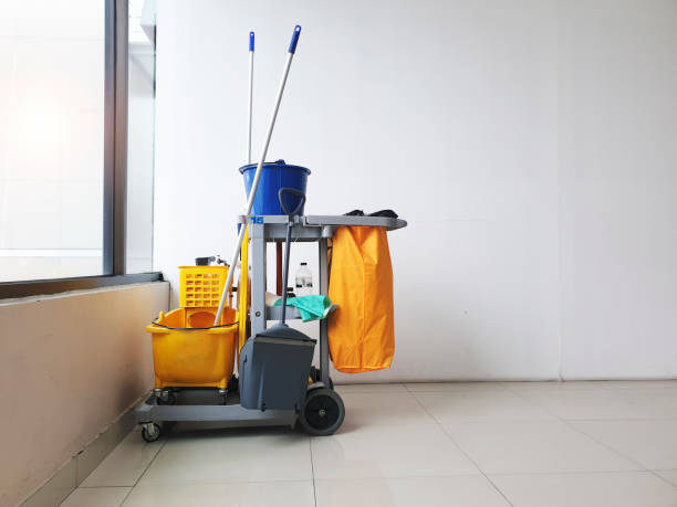 Array of professional janitorial tools and equipment.